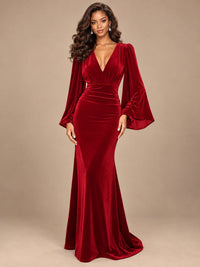 Burgundy Velvet Deep V-Neck Ruched Long Sleeve Maxi Dress
