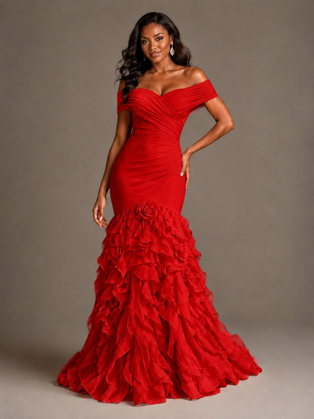 Pink Off-the-Shoulder Mermaid Prom Dress with Ruffles 3D Flowers