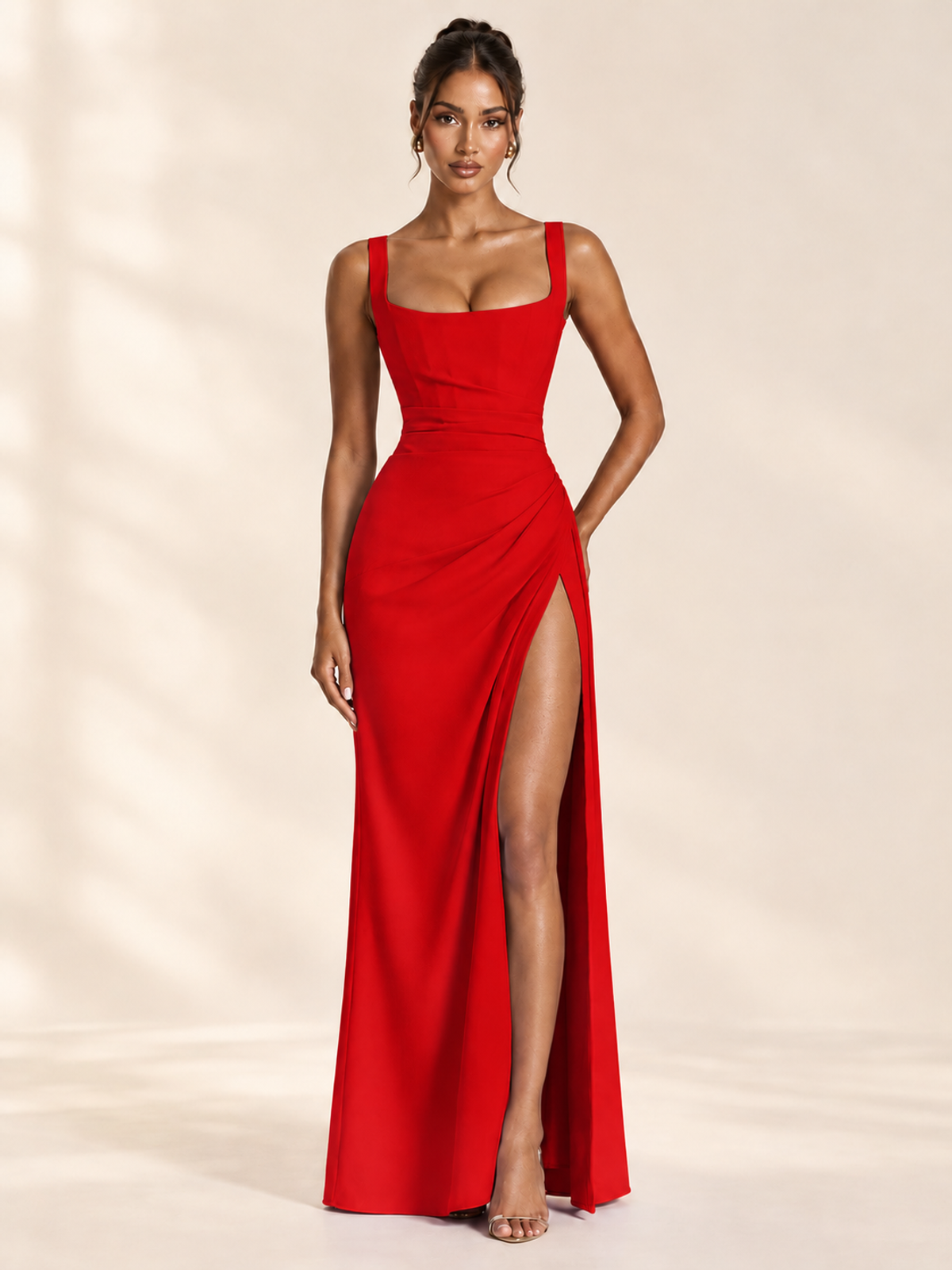 Square Neck Satin Sleeveless Ruched Prom Dress with High Slit