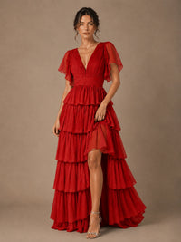 Chiffon V-Neck Tiered Ruffle Bridesmaid Dress with Slit