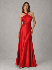Sage Green Satin A-Line Bridesmaid Dress with Halter Neck