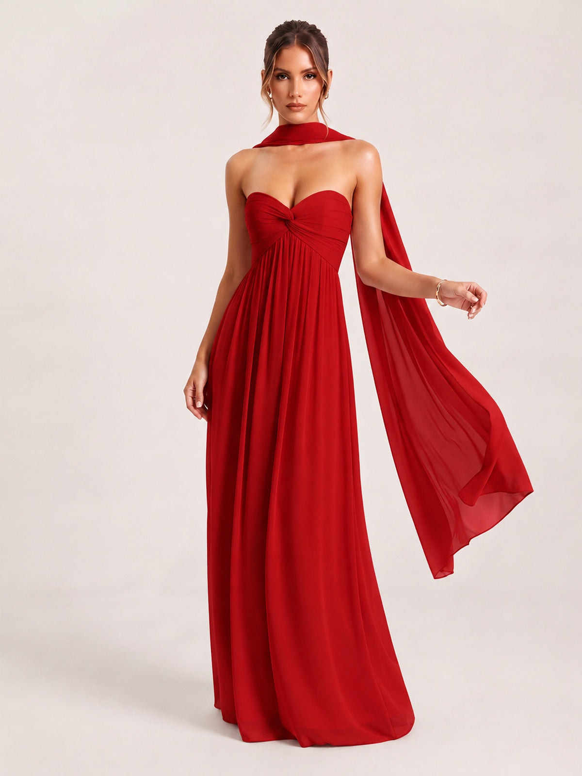 Red Strapless Ruched Chiffon Long Prom Dress with Scarf A-line Sweetheart Ruffled Formal Wedding Guest Dress Evening Gown