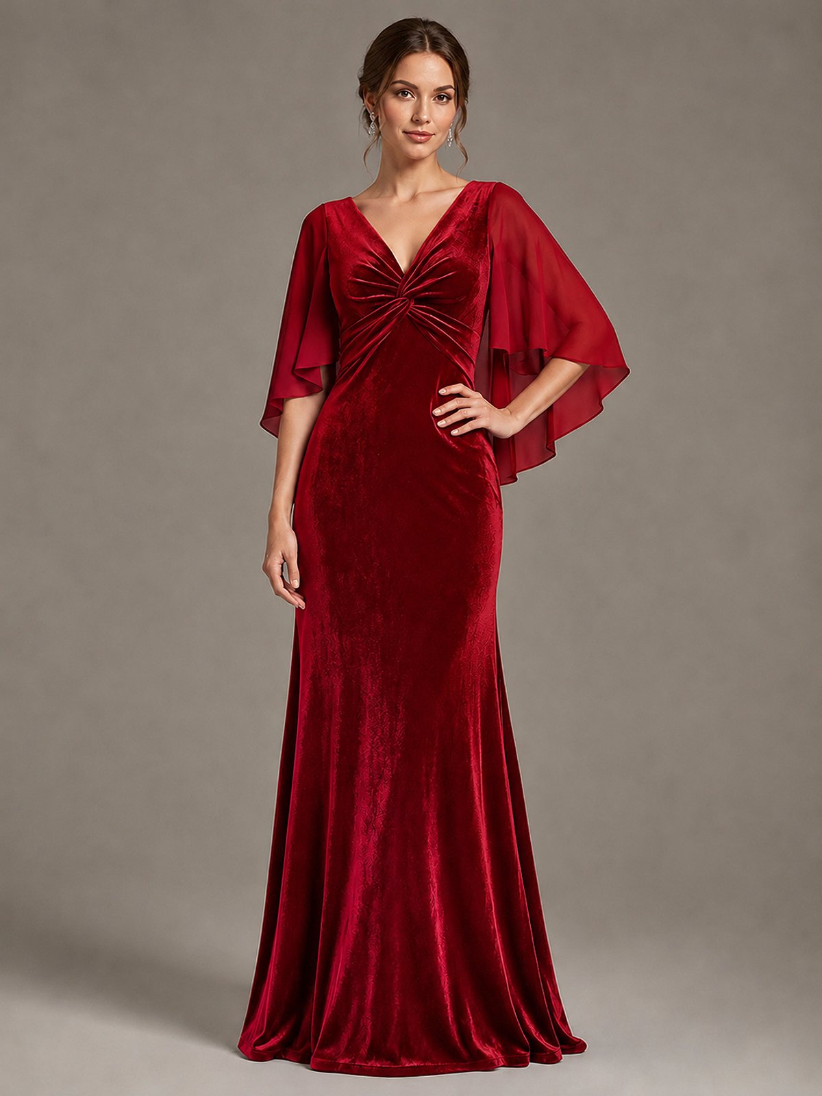 Navy Blue Velvet V Neck Mermaid Formal Dress with Flutter Cape Sleeves