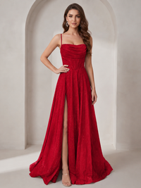 Red Sparkly Cowl Neck Corset Long Prom Dress with Slit A-line Tulle Ball Gown Formal Evning Party Dress