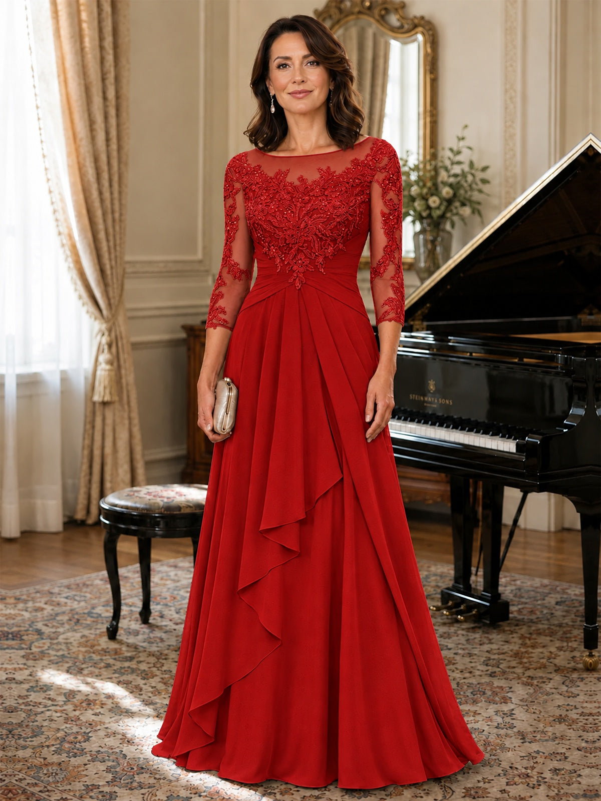 A-Line Chiffon Mother of the Bride Dress with Floral Applique 3/4 Sleeves