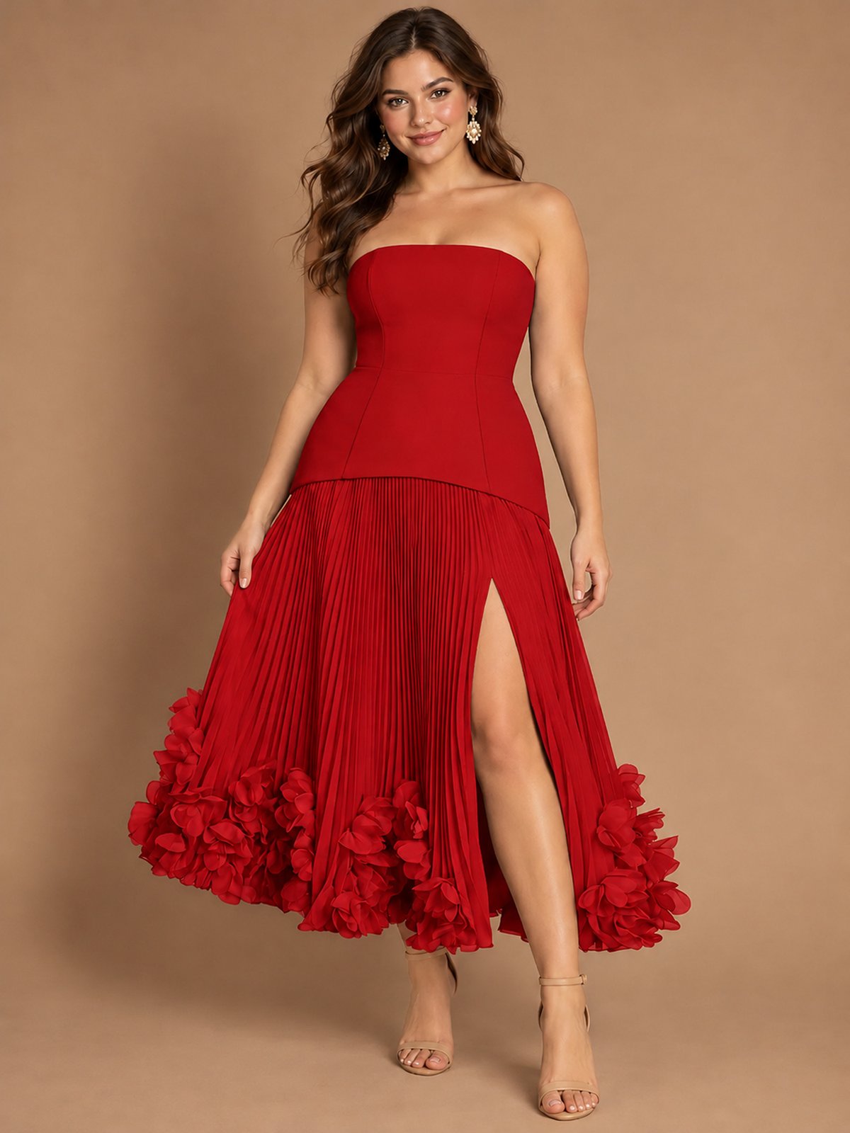Navy Blue Strapless Pleated A-Line Midi Dress with 3D Floral Applique