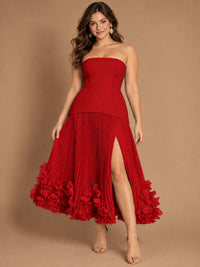 Navy Blue Strapless Pleated A-Line Midi Dress with 3D Floral Applique