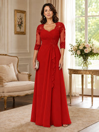 Chiffon Lace Applique Mother of the Bride Dress with 3/4 Sleeves