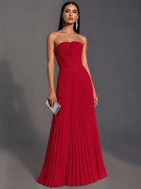 Red Strapless Pleated Satin Prom Dress Long Formal Gown Evening Dress