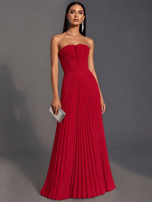 Red Strapless Pleated Satin Prom Dress Long Formal Gown Evening Dress
