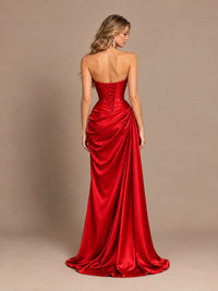 Dusty Blue Strapless Satin Prom Dress with Ruched Bodice and Slit