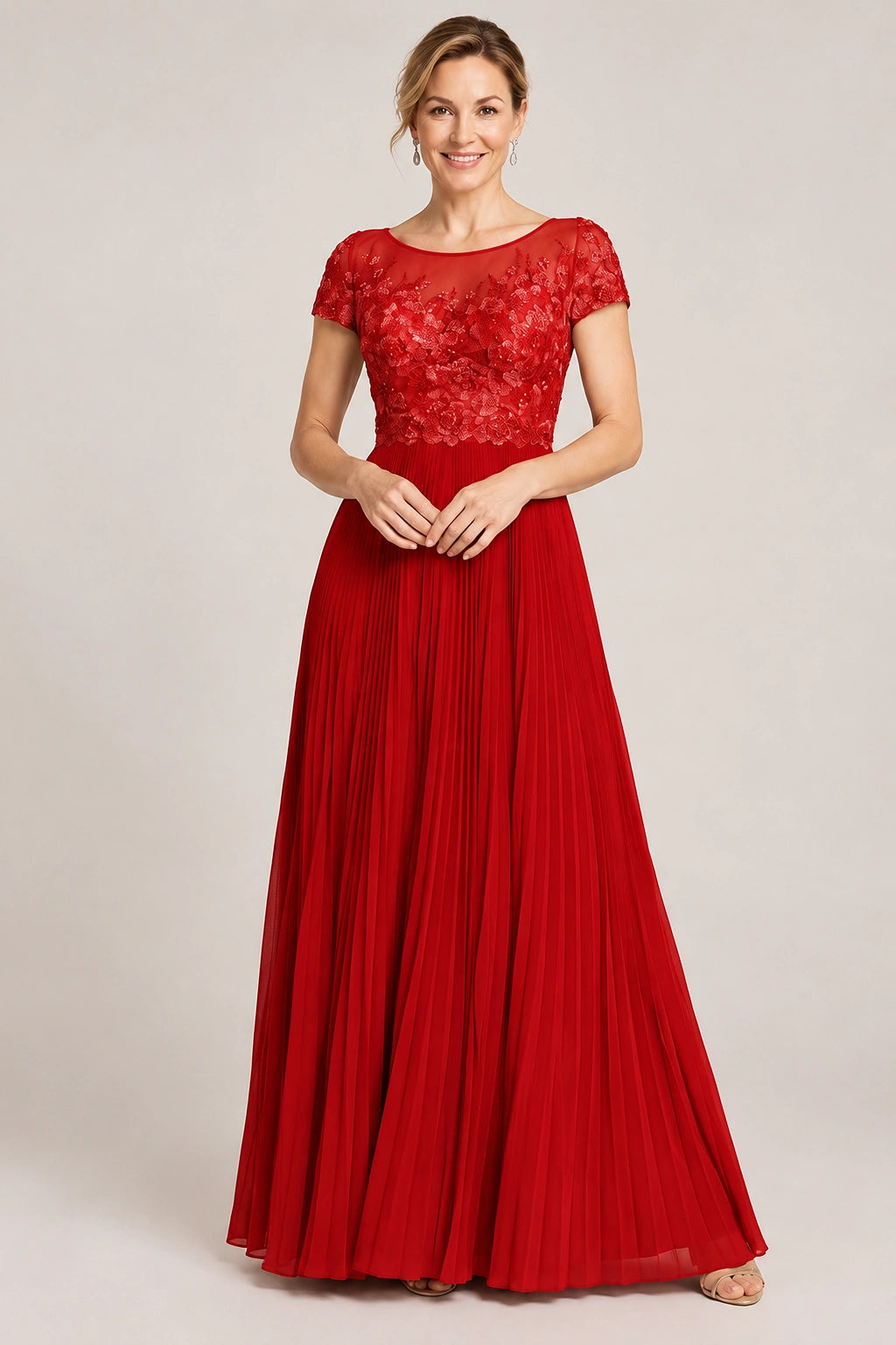 Embroidered Lace Pleated Mother of the Bride Dress