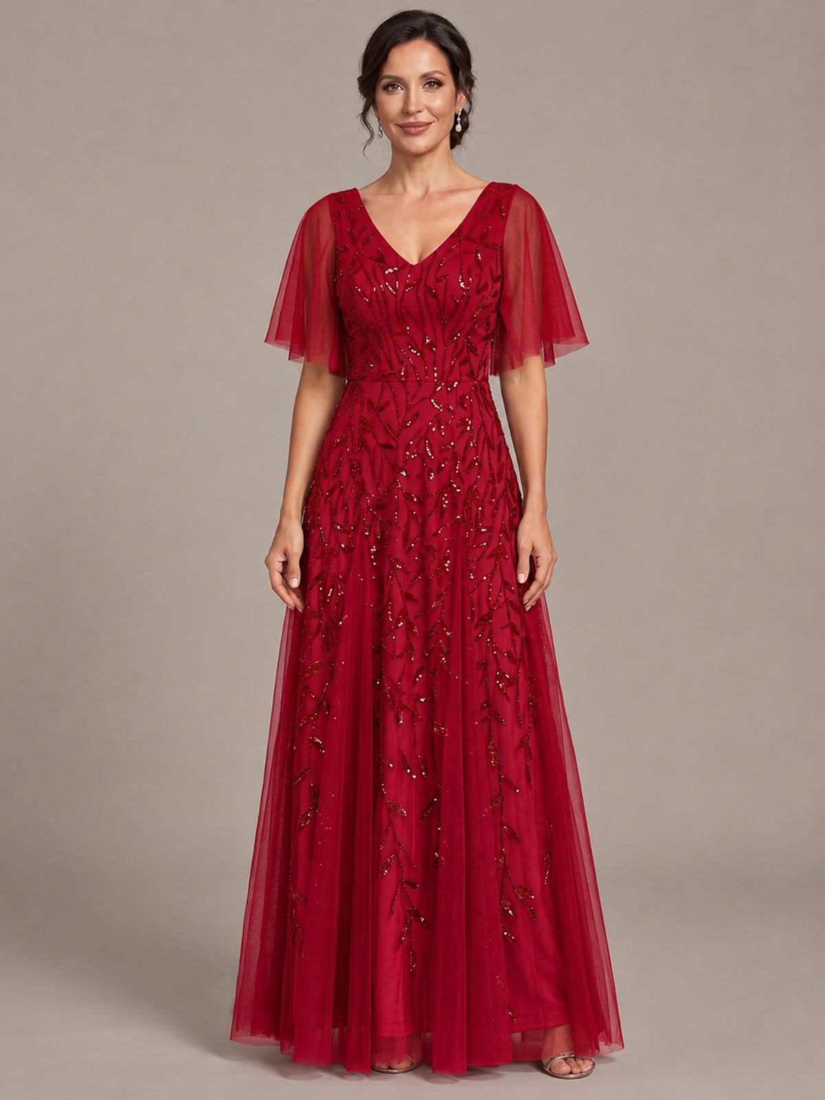 Red V-Neck Sequin Tulle Mother of the Bride Dress with Flutter Sleeve A-line Evening Formal Wedding Guest Dress