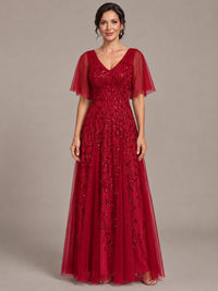 Red V-Neck Sequin Tulle Mother of the Bride Dress with Flutter Sleeve A-line Evening Formal Wedding Guest Dress