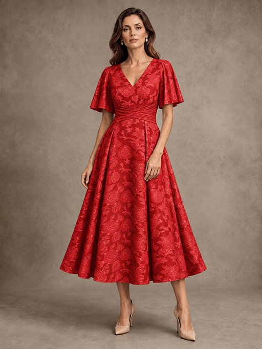 V-Neck Floral Jacquard Tea-Length Mother of the Bride Dress