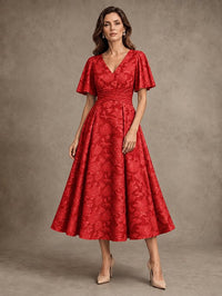 V-Neck Floral Jacquard Tea-Length Mother of the Bride Dress