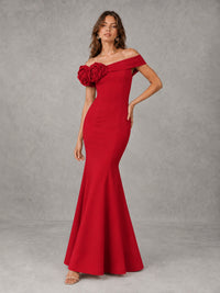 Blush Pink Off Shoulder Mermaid Bridesmaid Dress with Floral Rosette
