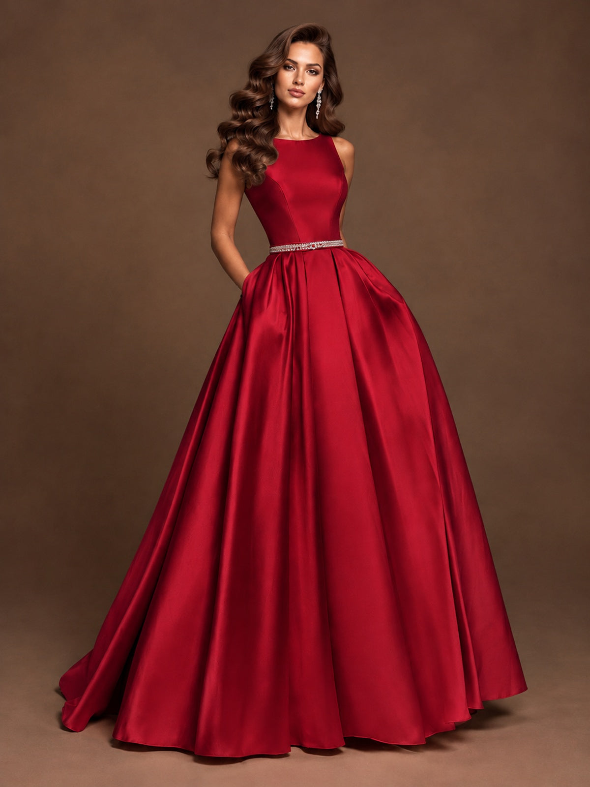 Satin A-Line Prom Dress Sleeveless Beaded Waist Formal Gown with Pockets