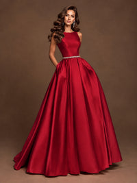 Satin A-Line Prom Dress Sleeveless Beaded Waist Formal Gown with Pockets