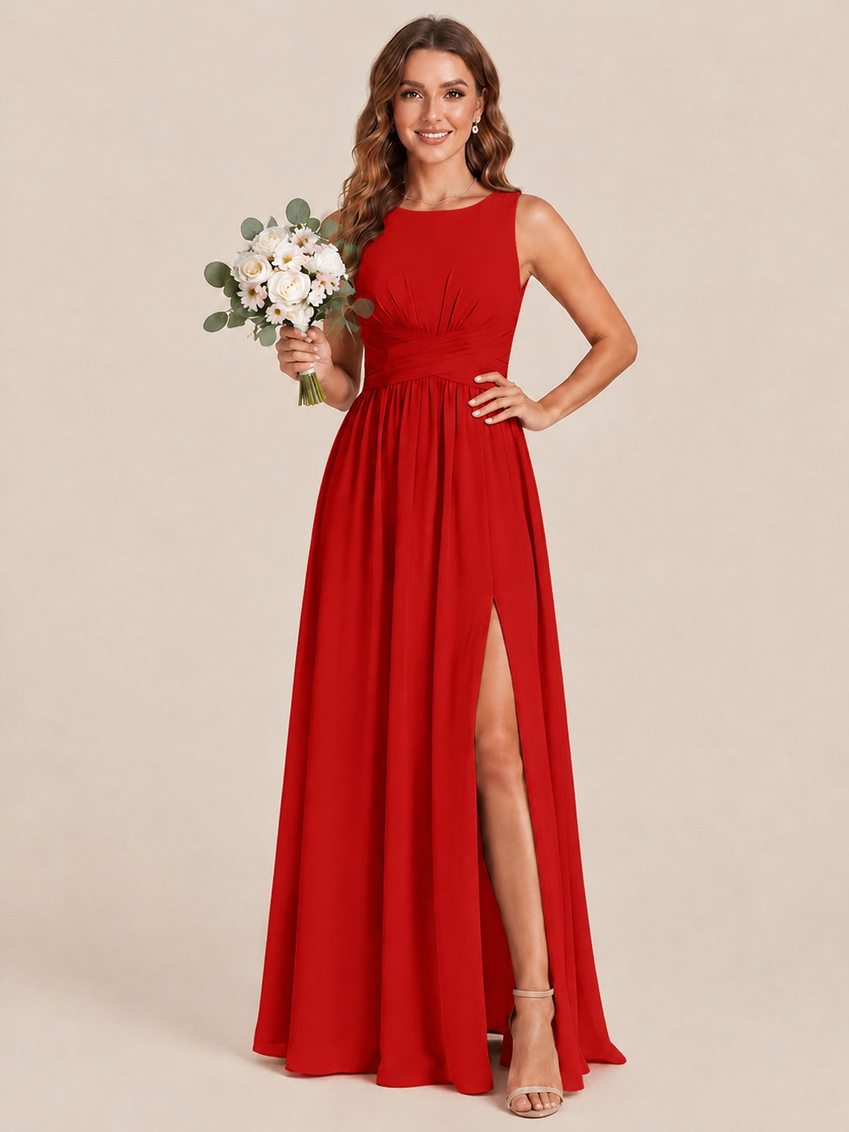 A-line Sleeveless Rucehd Chiffon Bridesmaid Dress with High Slit