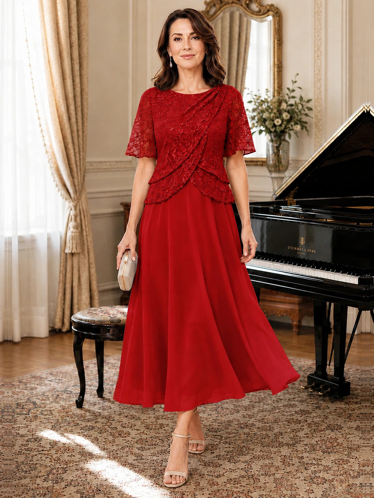 Tea-Length Chiffon Mother of the Bride Dress with Sequin Lace Sleeves