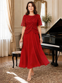 Tea-Length Chiffon Mother of the Bride Dress with Sequin Lace Sleeves