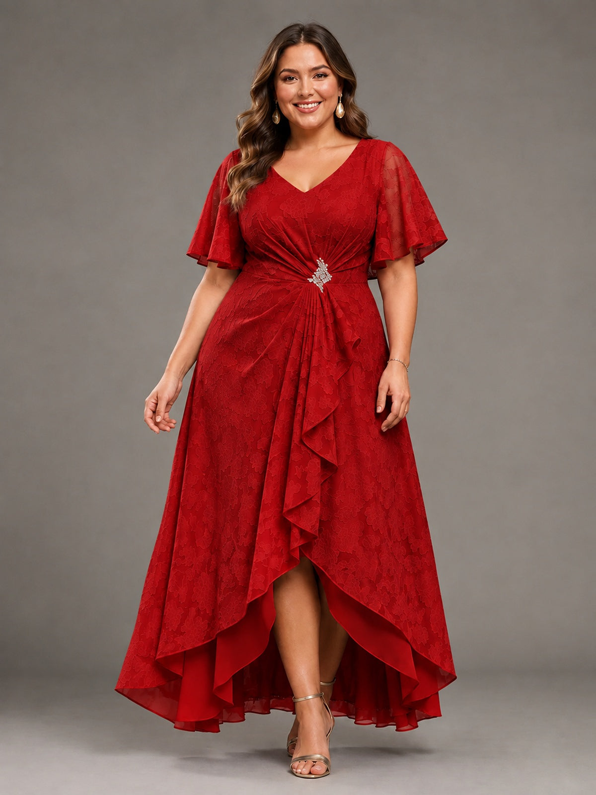 Jacquard Chiffon A-Line V-Neck High-Low Mother of the Bride Dress