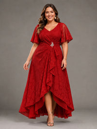 Jacquard Chiffon A-Line V-Neck High-Low Mother of the Bride Dress