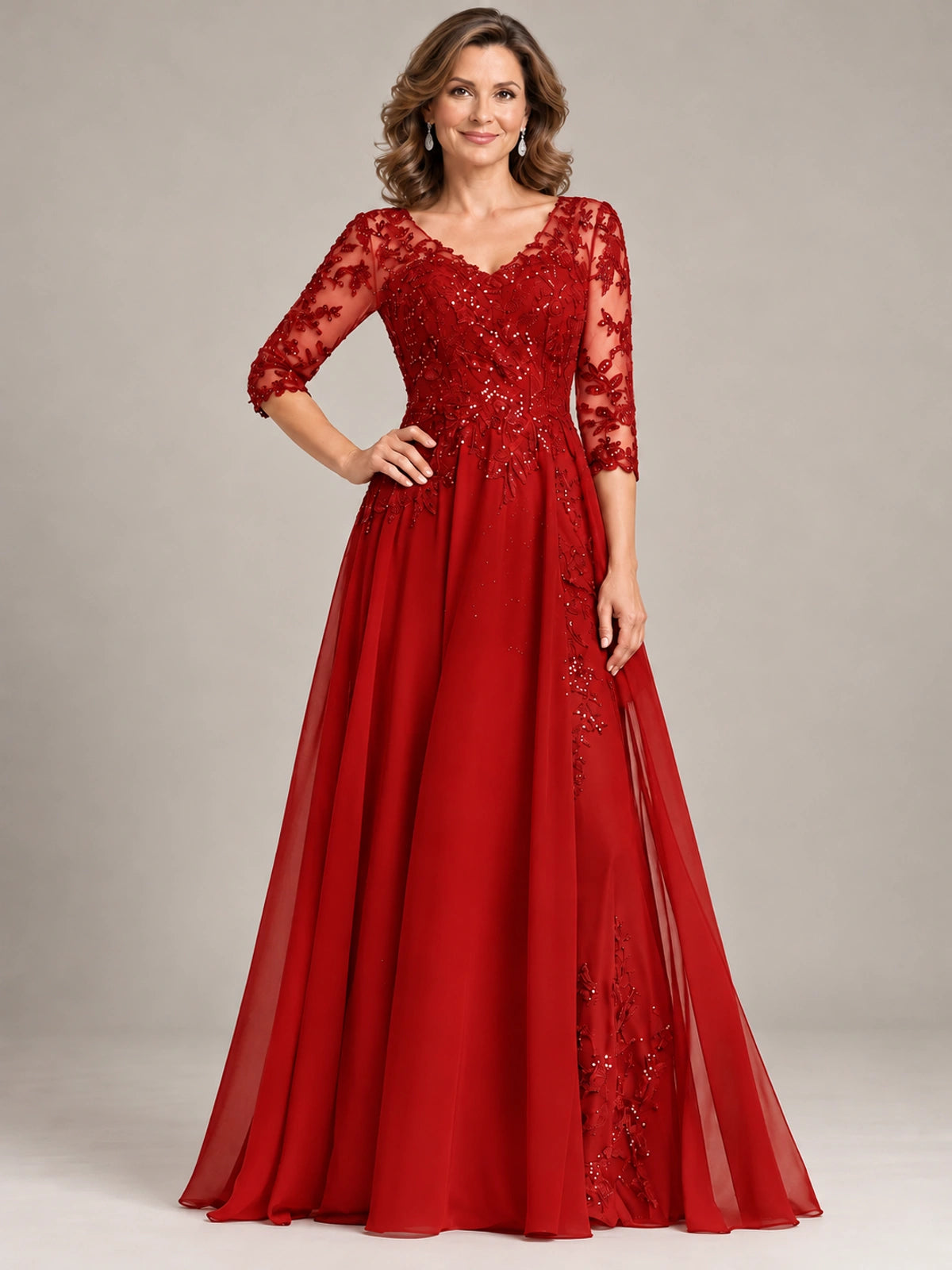 Sequin Lace A-Line Mother of the Bride Dress with 3/4 Sleeves