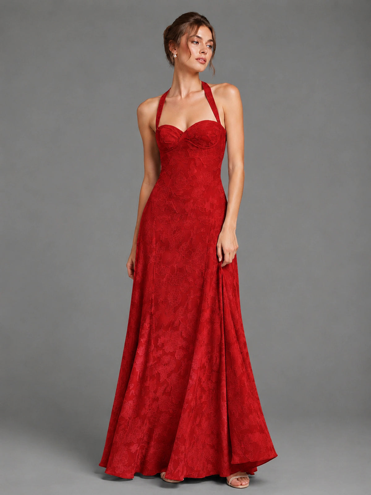 A-Line Halter Floral Chiffon Maxi Dress