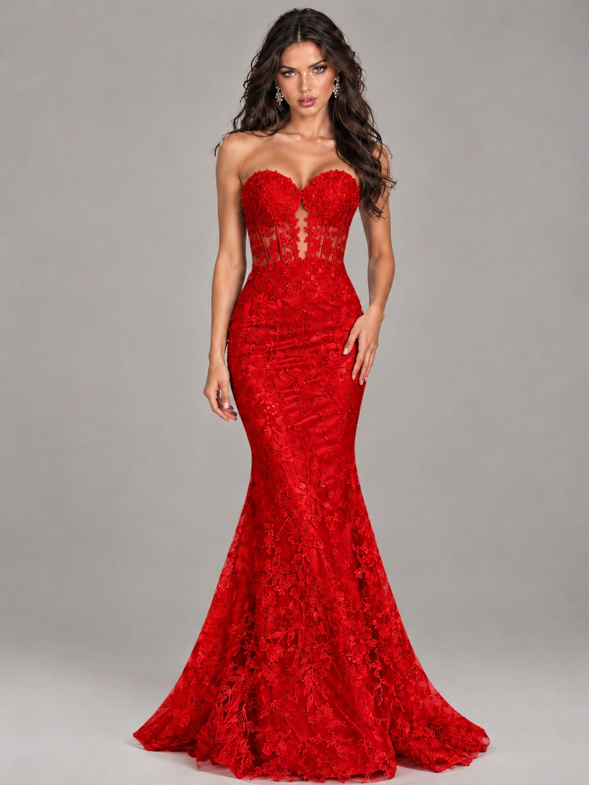 Strapless Corset Mermaid Prom Dress Lace Appliqué Formal Gown