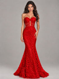 Strapless Corset Mermaid Prom Dress Lace Appliqué Formal Gown