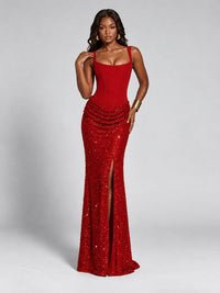 Sequin Corset Mermaid Prom Dress with Square Neck Wide Strap High Slit