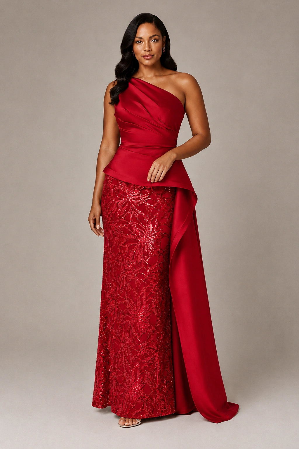 One-Shoulder Mother of the Bride Dress with Sequin Skirt and Peplum