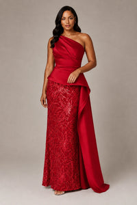 One-Shoulder Mother of the Bride Dress with Sequin Skirt and Peplum