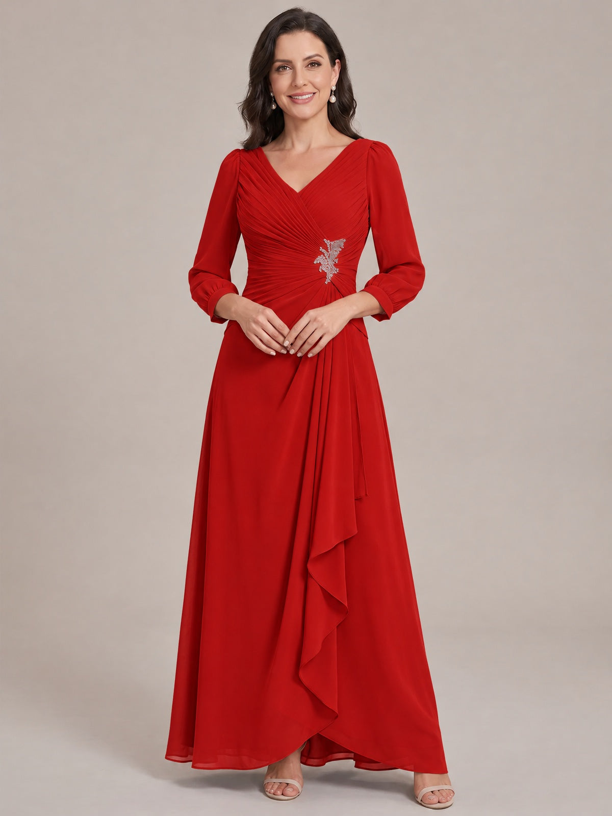 Red-Long Sleeve Chiffon Beaded Mother of The Bride Dresses for Women