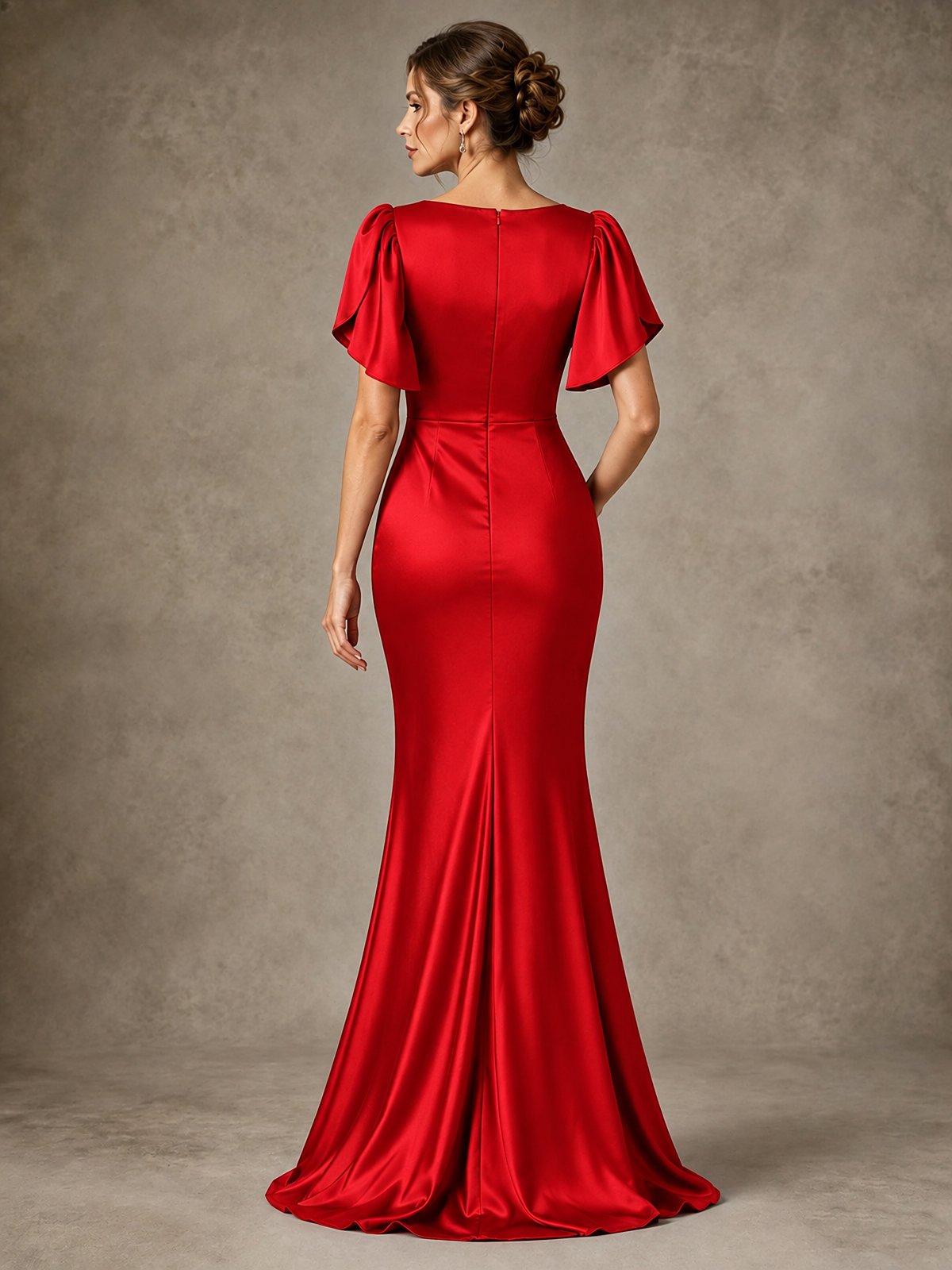 V-Neck Satin Mother of the Bride Dress with Flutter Sleeves