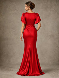 V-Neck Satin Mother of the Bride Dress with Flutter Sleeves