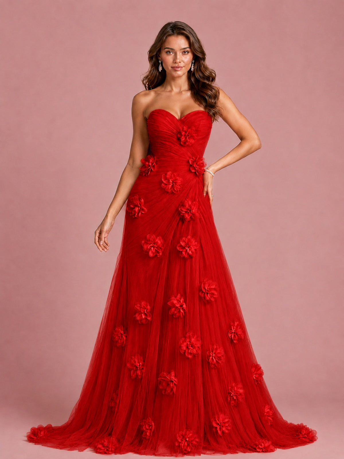 3D Floral Applique Strapless Tulle Prom Dress with High Slit