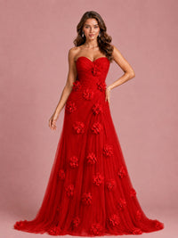 3D Floral Applique Strapless Tulle Prom Dress with High Slit