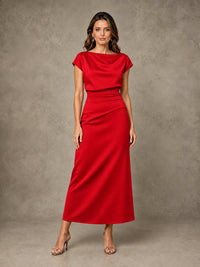 Cowl Neck Satin Mother of the Bride Dress with Ruched Waist
