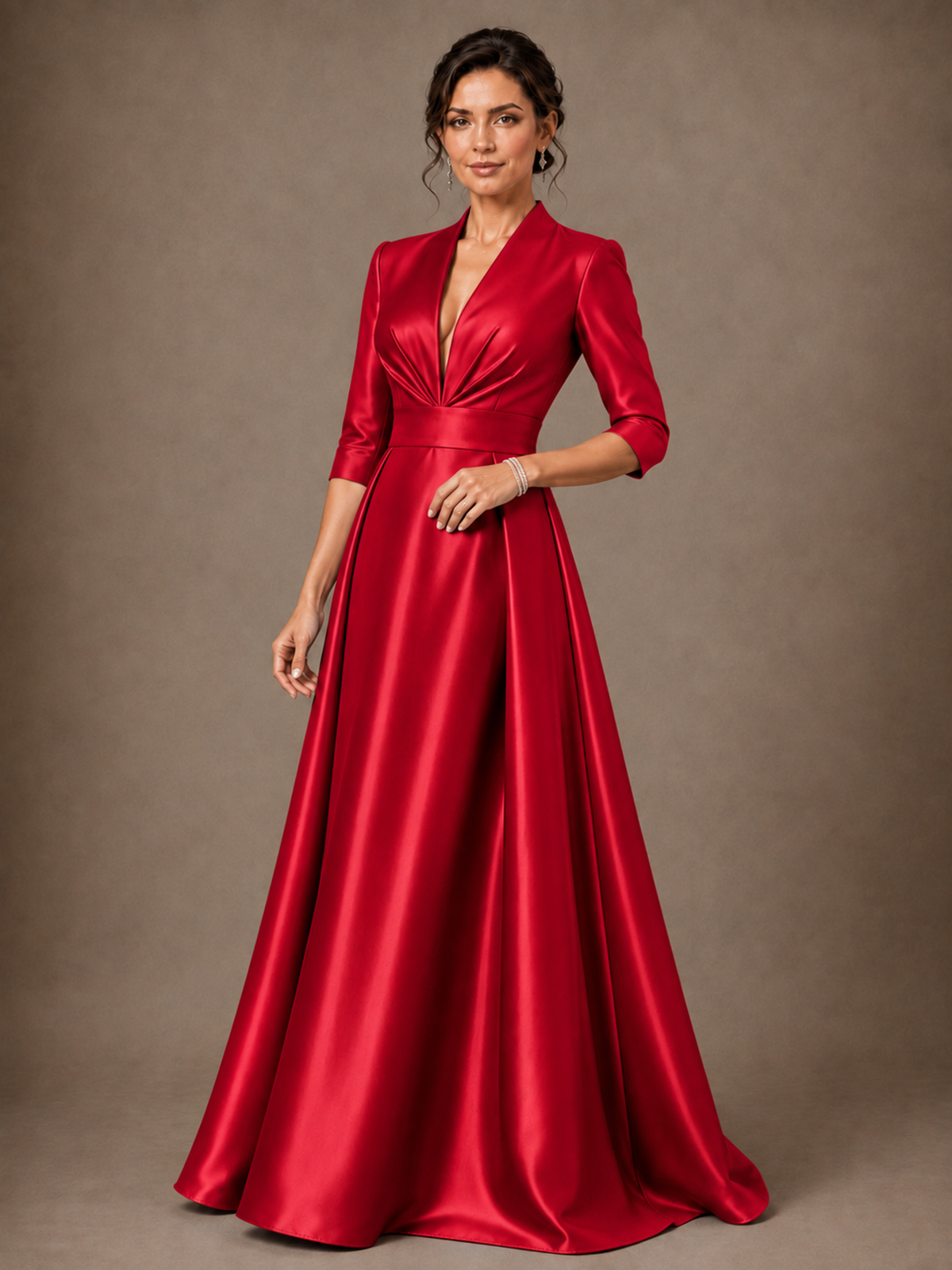 V-Neck Pleated Satin Mother of the Bride Gown with 3/4 Sleeves