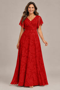Jovellee Floral Chiffon A-Line Mother of the Bride Dress with Flutter Sleeves