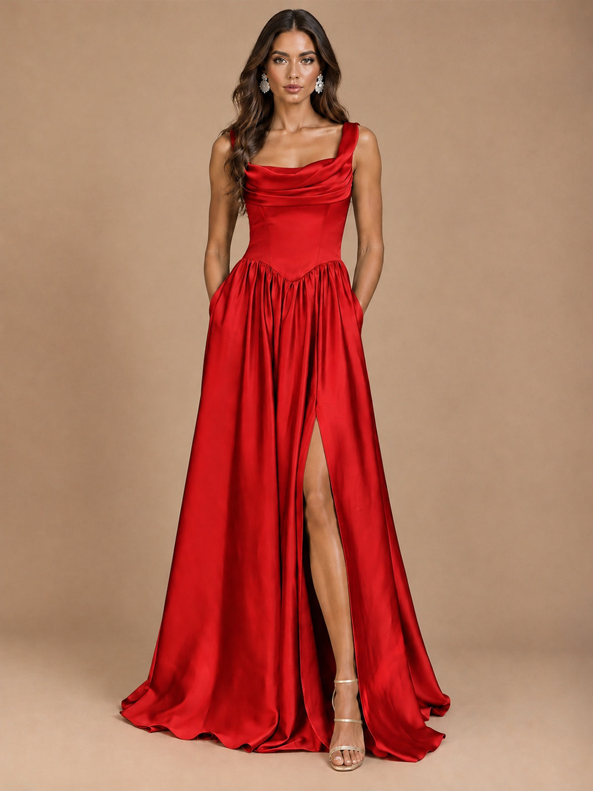 Cowl Neck Pleated Satin Prom Dress with Pockets & Slit Maxi Formal Gowns
