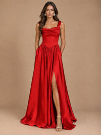 Cowl Neck Pleated Satin Prom Dress with Pockets & Slit Maxi Formal Gowns