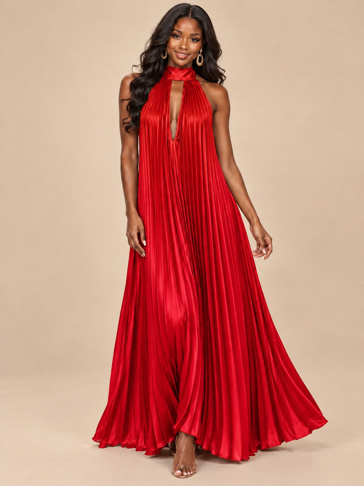 Rust Orange Pleated Halter Neck Maxi Dress