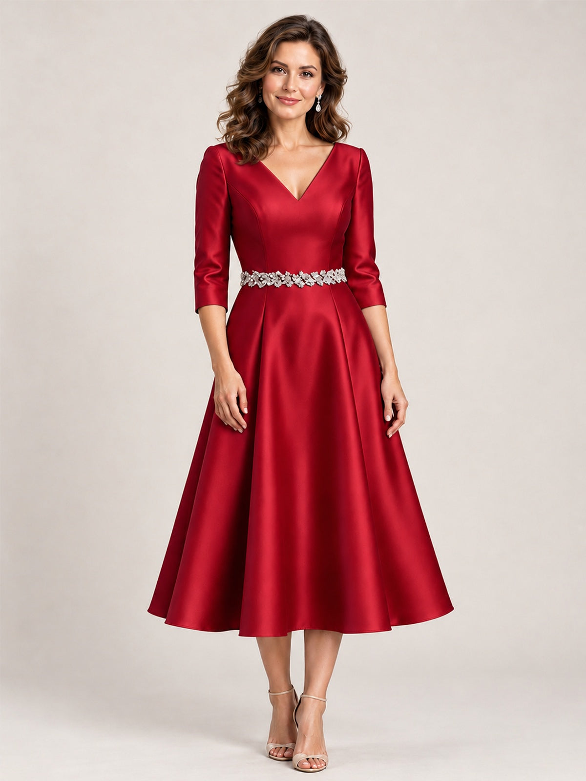 Red V-Neck Tea-Length Mother of the Bride Dress with Embellished Waist