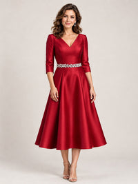 Red V-Neck Tea-Length Mother of the Bride Dress with Embellished Waist