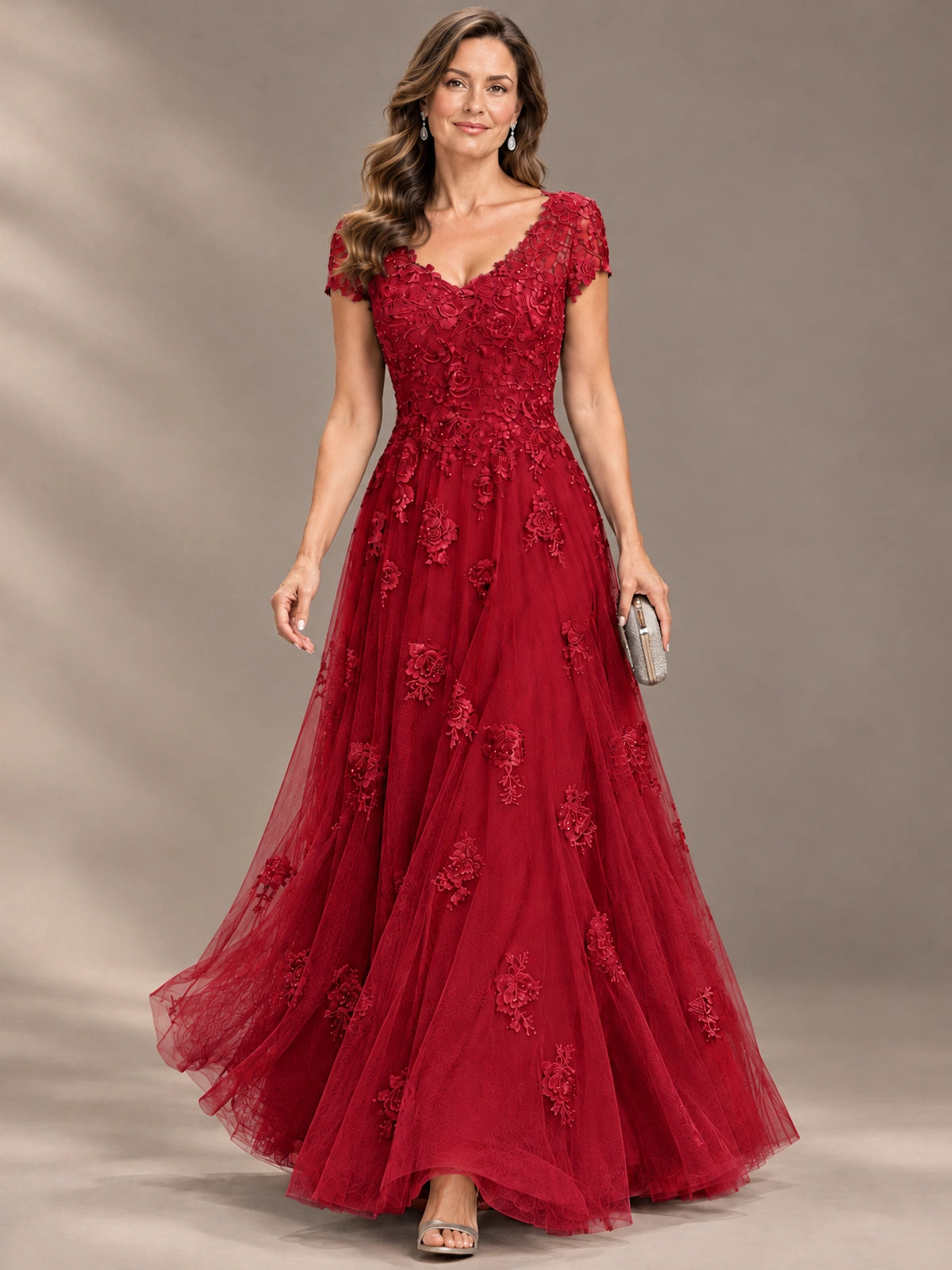 Lace Appliques A-line Mother of The Bride Dresses with Short Sleeves