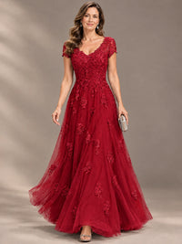 Lace Appliques A-line Mother of The Bride Dresses with Short Sleeves